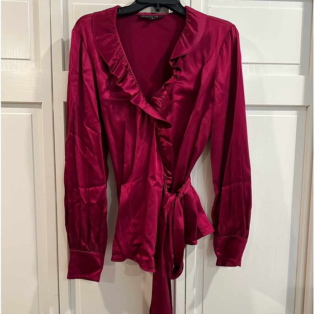 LaFayette 148 NY raspberry pure silk wrap blouse